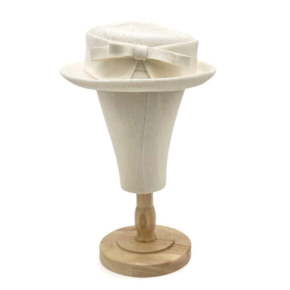 Vintage 1950s Cream Straw Sailor Hat Antique Ivory Boater Skimmer W Bow Detail - Picture 3 of 11
